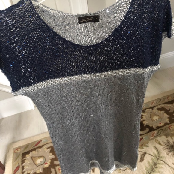 Lara Fabio Designer Scoop Neck Metallic Crochet Knit Sparkly Sweater Blouse - Picture 11 of 16